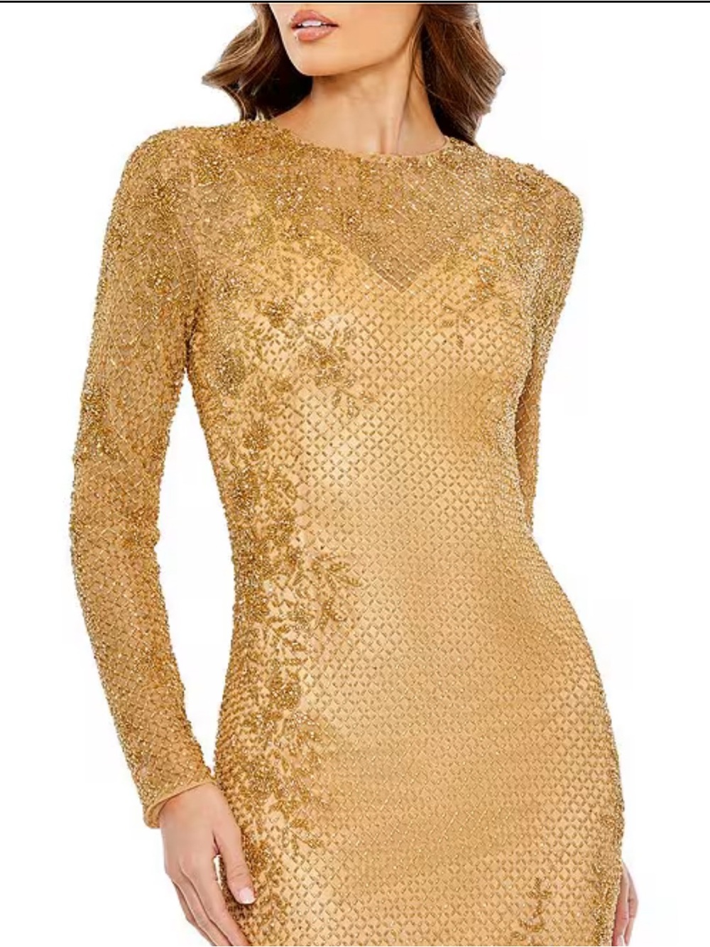 Mac Duggal Gold Long Sleeve Beaded Sheath Dress